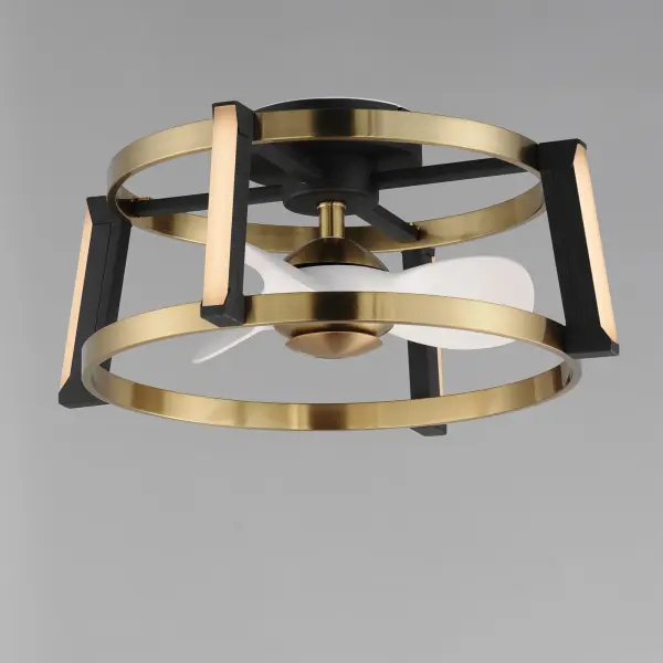 For those with smaller spaces in need of a fan, look no further than this Darling Fandelight. Eliminating the fan rod of a typical fandelight, this is the first hugger Fandelight that provides stylish trends with a low profile integrated fan. The combination finish of Natural Aged Brass, Matte Black, and white fan blades make this a design that delivers trend, not just functionality. Fully dimmable the Fandelight features can be controlled by the attractive remote provided or through its Wifi-enabled technology. - alternate view