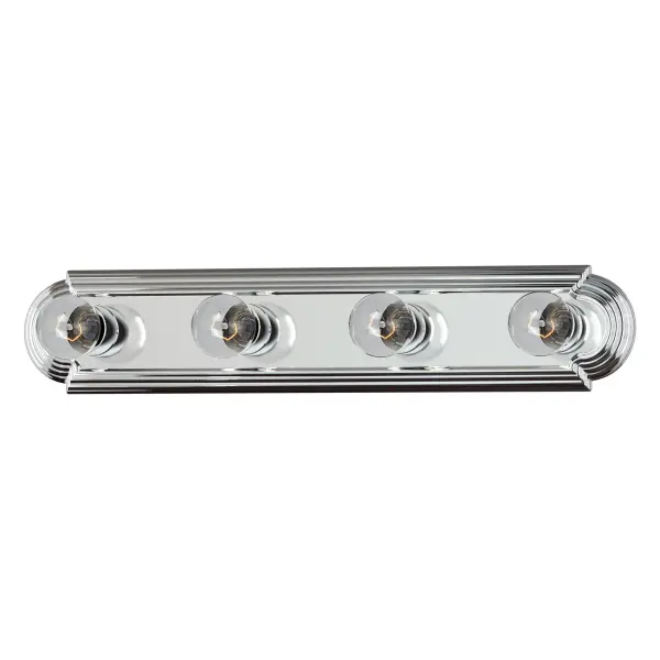 When you need necessary lighting for your home, think Essential first. Essential collection's selection of traditional, transitional and contemporary lighting focuses on simple design to brighten up any room. Fixtures come in choice of Country Stone, Oil Rubbed Bronze, Pewter, Polished Brass, Polished Chrome and Satin Nickel to meet your specific design requirements. Collection: Essentials - 712x Finish: Polished Chrome Width: 24.00" Height: 4.75" Weight: 1.76 lb Extension from Wall: 5.00" Canopy: 24"x4.75" Number of Bulbs: 4 Maximum Wattage: 60.00 W Bulb Type: G25 Bulb Base: E26 Medium Light Source: Incandescent Light Output: 4600.00 lm Dimmable Rated Average Life: 2500 Voltage: 120.00 V Material: Steel Safety Listing: cETLus Safety Rating: Damp Manufacturer Warranty: 1 Spec Sheet Instructions Parts Diagram