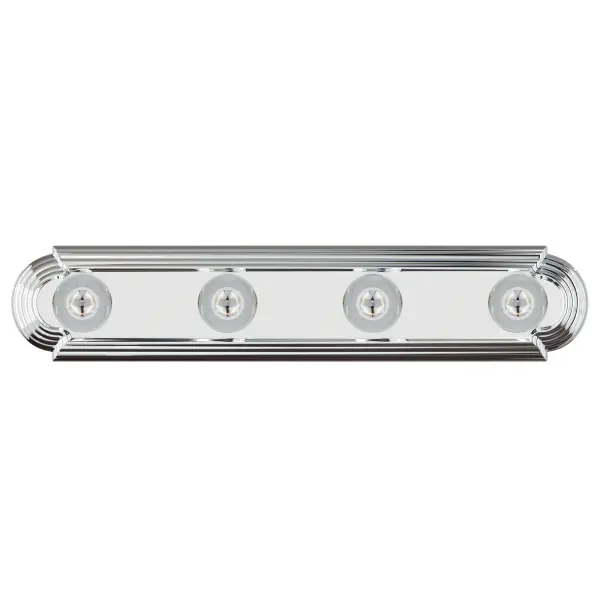When you need necessary lighting for your home, think Essential first. Essential collection's selection of traditional, transitional and contemporary lighting focuses on simple design to brighten up any room. Fixtures come in choice of Country Stone, Oil Rubbed Bronze, Pewter, Polished Brass, Polished Chrome and Satin Nickel to meet your specific design requirements. Collection: Essentials - 712x Finish: Polished Chrome Width: 24.00" Height: 4.75" Weight: 1.76 lb Extension from Wall: 5.00" Canopy: 24"x4.75" Number of Bulbs: 4 Maximum Wattage: 60.00 W Bulb Type: G25 Bulb Base: E26 Medium Light Source: Incandescent Light Output: 4600.00 lm Dimmable Rated Average Life: 2500 Voltage: 120.00 V Material: Steel Safety Listing: cETLus Safety Rating: Damp Manufacturer Warranty: 1 Spec Sheet Instructions Parts Diagram - alternate view