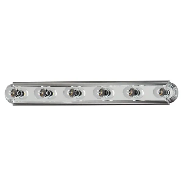 When you need necessary lighting for your home, think Essential first. Essential collection's selection of traditional, transitional and contemporary lighting focuses on simple design to brighten up any room. Fixtures come in choice of Country Stone, Oil Rubbed Bronze, Pewter, Polished Brass, Polished Chrome and Satin Nickel to meet your specific design requirements. Collection: Essentials - 712x Finish: Polished Chrome Width: 36.00" Height: 4.75" Weight: 2.80 lb Extension from Wall: 5.00" Canopy: 32"x4" Number of Bulbs: 6 Maximum Wattage: 60.00 W Bulb Type: G25 Bulb Base: E26 Medium Light Source: Incandescent Light Output: 6900.00 lm Dimmable Rated Average Life: 2500 Voltage: 120.00 V Material: Steel Safety Listing: cETLus Safety Rating: Damp Manufacturer Warranty: 1 Spec Sheet Instructions Parts Diagram