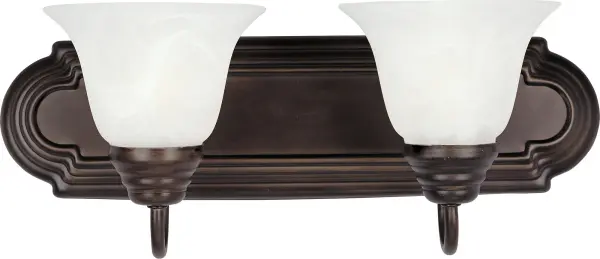 When you need necessary lighting for your home, think Essential first. Essential collection's selection of traditional, transitional and contemporary lighting focuses on simple design to brighten up any room. Fixtures come in choice of Oil Rubbed Bronze, Polished Brass, Polished Chrome and Satin Nickel to meet your specific design requirements. Collection: Essentials - 801x Finish: Oil Rubbed Bronze Glass: Marble Width: 18.00" Height: 7.00" Weight: 3.88 lb Extension from Wall: 8.00" Canopy: 4.75"x18" Number of Bulbs: 2 Maximum Wattage: 60.00 W Bulb Type: A19 Bulb Base: E26 Medium Light Source: Incandescent Light Output: 2300.00 lm Dimmable Rated Average Life: 2500 Voltage: 120.00 V Material: Steel, Glass Safety Listing: cETLus Safety Rating: Damp Manufacturer Warranty: 1 Spec Sheet Instructions Parts Diagram