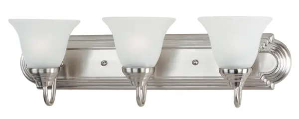 When you need necessary lighting for your home, think Essential first. Essential collection's selection of traditional, transitional and contemporary lighting focuses on simple design to brighten up any room. Fixtures come in choice of Oil Rubbed Bronze, Polished Brass, Polished Chrome and Satin Nickel to meet your specific design requirements. Collection: Essentials - 801x Finish: Satin Nickel Glass: Frosted Width: 24.00" Height: 7.00" Weight: 4.70 lb Extension from Wall: 8.00" Canopy: 4.75"x24" Number of Bulbs: 3 Maximum Wattage: 60.00 W Bulb Type: A19 Bulb Base: E26 Medium Light Source: Incandescent Light Output: 3450.00 lm Dimmable Rated Average Life: 2500 Voltage: 120.00 V Material: Steel, Glass Safety Listing: cETLus Safety Rating: Damp Manufacturer Warranty: 1 Spec Sheet Instructions Parts Diagram