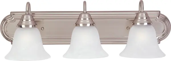 When you need necessary lighting for your home, think Essential first. Essential collection's selection of traditional, transitional and contemporary lighting focuses on simple design to brighten up any room. Fixtures come in choice of Oil Rubbed Bronze, Polished Brass, Polished Chrome and Satin Nickel to meet your specific design requirements. Collection: Essentials - 801x Finish: Satin Nickel Glass: Marble Width: 24.00" Height: 7.00" Weight: 4.70 lb Extension from Wall: 8.00" Canopy: 4.75"x24" Number of Bulbs: 3 Maximum Wattage: 60.00 W Bulb Type: A19 Bulb Base: E26 Medium Light Source: Incandescent Light Output: 3450.00 lm Dimmable Rated Average Life: 2500 Voltage: 120.00 V Material: Steel, Glass Safety Listing: cETLus Safety Rating: Damp Manufacturer Warranty: 1 Spec Sheet Instructions Parts Diagram