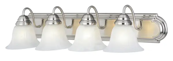When you need necessary lighting for your home, think Essential first. Essential collection's selection of traditional, transitional and contemporary lighting focuses on simple design to brighten up any room. Fixtures come in choice of Oil Rubbed Bronze, Polished Brass, Polished Chrome and Satin Nickel to meet your specific design requirements. Collection: Essentials - 801x Finish: Satin Nickel Glass: Marble Width: 30.00" Height: 7.00" Weight: 6.83 lb Extension from Wall: 8.00" Canopy: 4.75"x26.38" Number of Bulbs: 4 Maximum Wattage: 60.00 W Bulb Type: A19 Bulb Base: E26 Medium Light Source: Incandescent Light Output: 4600.00 lm Dimmable Rated Average Life: 2500 Voltage: 120.00 V Material: Steel, Glass Safety Listing: cETLus Safety Rating: Damp Manufacturer Warranty: 1 Spec Sheet Instructions Parts Diagram
