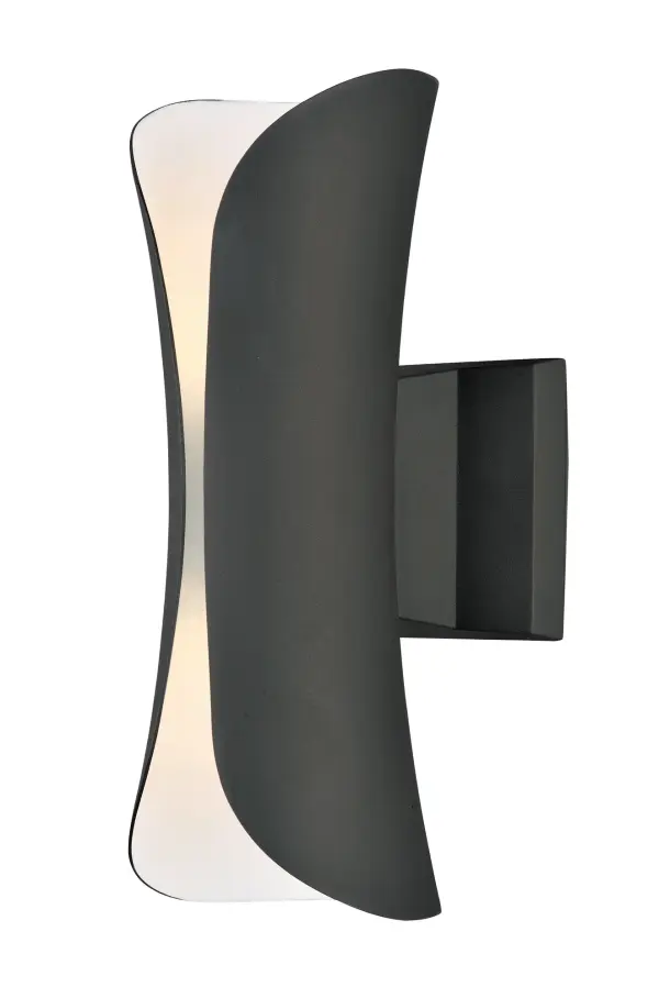 Softly rolled aluminum does not quite meet at the center, leaving an opening to allow light to escape from its top and bottom, visible all along its center. The scroll series comes in our Architectural Bonze finish with a white interior to better reflect light and create an interesting light pattern on the wall. Suitable for both indoor and outdoor applications.