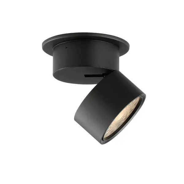 Inconspicuously recessed within its cylindrical house, an extending arm transforms this surface mounted light fixture into an adjustable spotlight. Simply unthread the top half along the seam to extend the frame length and swing the fixture into position. Twist the lens on the face of this fixture to adjust its beam angle spread. Available in Black and White and two apertures that include a mud-in ring for an even cleaner installation.