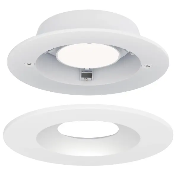 High performance and high in style, the Crisp is constructed like a surface mount that can install into a variety of 4-0 junction boxes while designed with a recessed appearance. The fixtures almost impossibly slopes into the junction box with snap in trims in a variety of styles. Purchase the mud-in ring assembly kit and you can opt for a trim-less design. Not only good-looking, each unit also delivers over 1000 lumens providing ample lighting. With its concave design, the light source is obscured from the finished ceiling surface thereby reducing glare. Available in warm 3000K single CCT or 5CCT selectable with an accessible switch behind the faceplate so you can set your preferred light temperature without removing the light from the junction box. - alternate view