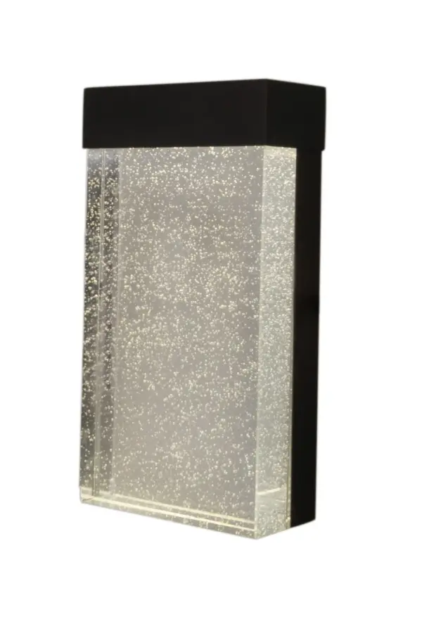 Solid blocks of glass infused with tiny bubbles come to life when illuminated by high power LEDs concealed in the frame above. Frames are constructed of Stainless Steel and are also available in Bronze.