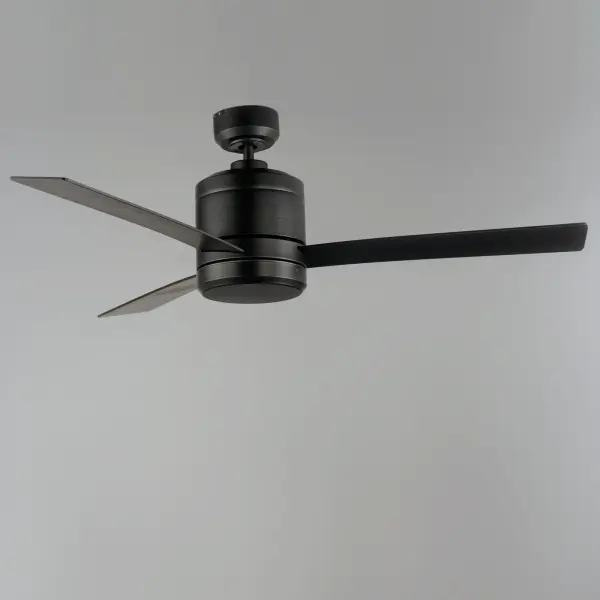 Clean and contemporary, the Tanker ceiling fan is damp rated so whether it is a covered outdoor living space or any room indoor this sleek fan suits the application. Ditch the fan rod and convert to a hugger. Several lengths of extension rods allow you to use this fan no matter the ceiling height.  Available in 2 different finishes: Satin Nickel, and matte Black. - alternate view