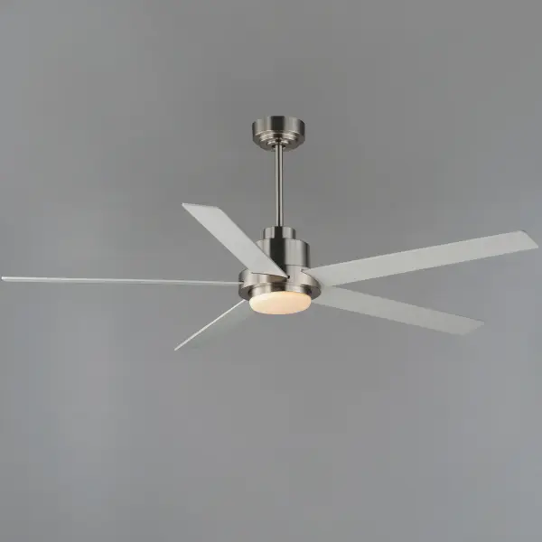 For larger spaces, a larger blade span is sometimes required. This minimalist design is pure and simple. Elongated ABS blades span 60 inches and finished in Matte White contrasting the motor housing's Natural Aged Brass finish. The two tone finish makes for a stylish and bright fan great for interior spaces. Wall control with dual slide dimmer and fan speed control is provided. Collection: Daisy Finish: Satin Nickel Width: 60.00" Height: 23.00" Length: 60.00" Weight: 15.00 lb Extension from Wall: 60.00" Chain: 12" Wire: 78" Canopy: 6"x6"x2.5" Bulbs Included Number of Bulbs: 1 Maximum Wattage: 12.00 W Bulb Type: LED Bulb Base: PCB Integrated Light Source: LED Light Output: 950.00 lm Color Temperature: 3000 K CRI: 90 Dimmable Voltage: 120.00 V RPM: 137 Airflow: 5530 CFM Electricity Use: 41 W Airflow Efficiency: 88 CFM/W Blade Pitch: 12° Blade Span: 60" Blade Quantity: 5 Speeds: 4 Control: Wall Control Included Material: Steel Safety Listing: cETLus Safety Rating: Dry LED Manufacturer Warranty: 3 Spec Sheet Instructions - alternate view