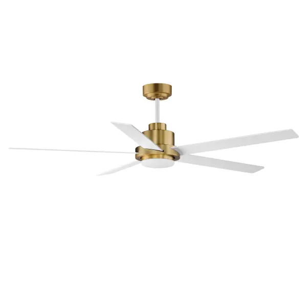 For larger spaces, a larger blade span is sometimes required. This minimalist design is pure and simple. Elongated ABS blades span 60 inches and finished in Matte White contrasting the motor housing's Natural Aged Brass finish. The two tone finish makes for a stylish and bright fan great for interior spaces. Wall control with dual slide dimmer and fan speed control is provided. Collection: Daisy Finish: Natural Aged Brass Glass: White Width: 60.00" Height: 23.00" Length: 60.00" Weight: 15.00 lb Extension from Wall: 60.00" Chain: 12" Wire: 78" Canopy: 6"x6"x2.5" Bulbs Included Number of Bulbs: 1 Maximum Wattage: 12.00 W Bulb Type: LED Bulb Base: PCB Integrated Light Source: LED Light Output: 950.00 lm Color Temperature: 3000 K CRI: 90 Dimmable Voltage: 120.00 V RPM: 137 Airflow: 5530 CFM Electricity Use: 41 W Airflow Efficiency: 88 CFM/W Blade Pitch: 12° Blade Span: 60" Blade Quantity: 5 Speeds: 4 Control: Wall Control Included Material: Steel Safety Listing: cETLus Safety Rating: Dry LED Manufacturer Warranty: 3 Spec Sheet Instructions