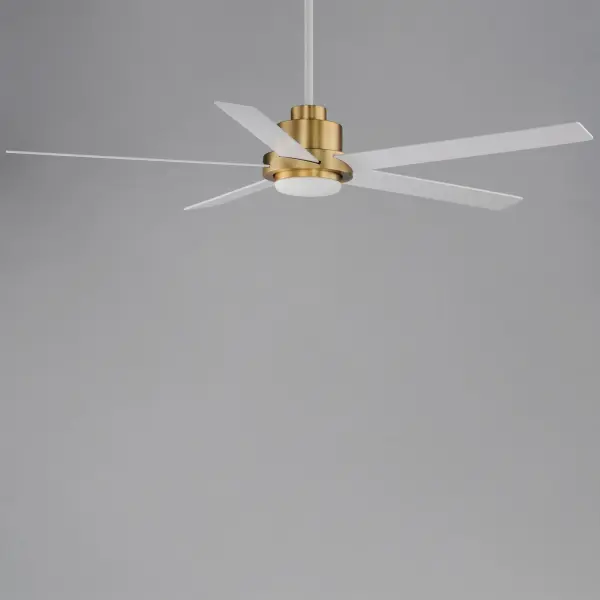 For larger spaces, a larger blade span is sometimes required. This minimalist design is pure and simple. Elongated ABS blades span 60 inches and finished in Matte White contrasting the motor housing's Natural Aged Brass finish. The two tone finish makes for a stylish and bright fan great for interior spaces. Wall control with dual slide dimmer and fan speed control is provided. Collection: Daisy Finish: Natural Aged Brass Glass: White Width: 60.00" Height: 23.00" Length: 60.00" Weight: 15.00 lb Extension from Wall: 60.00" Chain: 12" Wire: 78" Canopy: 6"x6"x2.5" Bulbs Included Number of Bulbs: 1 Maximum Wattage: 12.00 W Bulb Type: LED Bulb Base: PCB Integrated Light Source: LED Light Output: 950.00 lm Color Temperature: 3000 K CRI: 90 Dimmable Voltage: 120.00 V RPM: 137 Airflow: 5530 CFM Electricity Use: 41 W Airflow Efficiency: 88 CFM/W Blade Pitch: 12° Blade Span: 60" Blade Quantity: 5 Speeds: 4 Control: Wall Control Included Material: Steel Safety Listing: cETLus Safety Rating: Dry LED Manufacturer Warranty: 3 Spec Sheet Instructions - alternate view