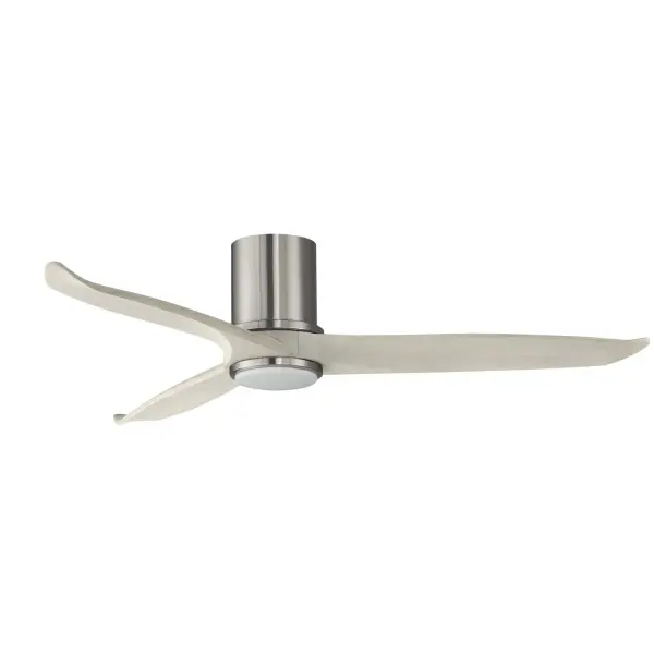 The Woodwind combines contemporary design with functional elegance, featuring curved solid wood blades and an integrated LED light kit. The satin nickel finish pairs beautifully with greywood blades for a sophisticated look.