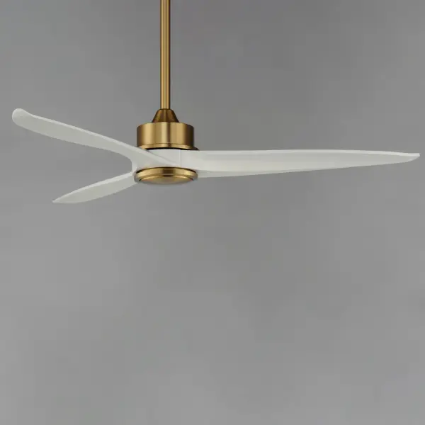The Woodwind combines contemporary design with high-performance airflow. Its curved solid wood blades create visual interest while delivering 5014 CFM. The integrated LED light kit provides warm 2700K illumination, and the remote control offers 6-speed flexibility. - alternate view