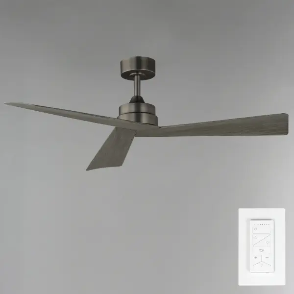 Sharp angular blades come together at the center housing of this fan for a modern, yet transitional look. Available in finishes that match most interior spaces, select from Matte Black, Satin Nickel with Greywood, Natural Aged Brass with White Blades and Charcoal with Driftwood Blades. With a DC motor and magnetic wall mounted remote that is included, this fan is sure to be a stylish addition to your space. - alternate view