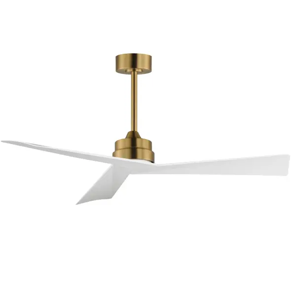 Sharp angular blades come together at the center housing of this fan for a modern, yet transitional look. Available in finishes that match most interior spaces, select from Matte Black, Satin Nickel with Greywood, Natural Aged Brass with White Blades and Charcoal with Driftwood Blades. With a DC motor and magnetic wall mounted remote that is included, this fan is sure to be a stylish addition to your space. Collection: Vortex Finish: Natural Aged Brass Width: 52.00" Height: 12.25" Length: 52.00" Weight: 9.90 lb Wire: 92" Canopy: 6"x6"x2.5" Voltage: 120.00 V RPM: 173 Airflow: 4541 CFM Electricity Use: 15 W Airflow Efficiency: 219 CFM/W Blade Span: 52" Blade Quantity: 3 Speeds: 6 Control: Wall Control Included Material: Steel Safety Listing: cETLus Safety Rating: Dry Energy Star Manufacturer Warranty: Limited Lifetime Motor Warranty Spec Sheet Instructions