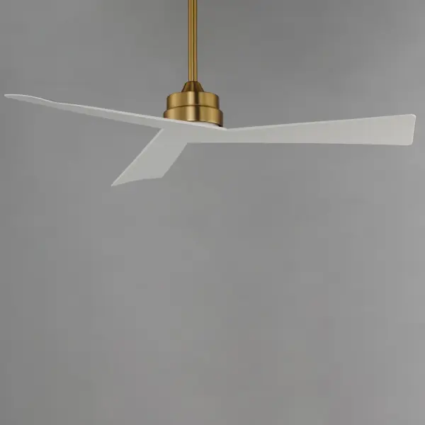 Sharp angular blades come together at the center housing of this fan for a modern, yet transitional look. Available in finishes that match most interior spaces, select from Matte Black, Satin Nickel with Greywood, Natural Aged Brass with White Blades and Charcoal with Driftwood Blades. With a DC motor and magnetic wall mounted remote that is included, this fan is sure to be a stylish addition to your space. Collection: Vortex Finish: Natural Aged Brass Width: 52.00" Height: 12.25" Length: 52.00" Weight: 9.90 lb Wire: 92" Canopy: 6"x6"x2.5" Voltage: 120.00 V RPM: 173 Airflow: 4541 CFM Electricity Use: 15 W Airflow Efficiency: 219 CFM/W Blade Span: 52" Blade Quantity: 3 Speeds: 6 Control: Wall Control Included Material: Steel Safety Listing: cETLus Safety Rating: Dry Energy Star Manufacturer Warranty: Limited Lifetime Motor Warranty Spec Sheet Instructions - alternate view