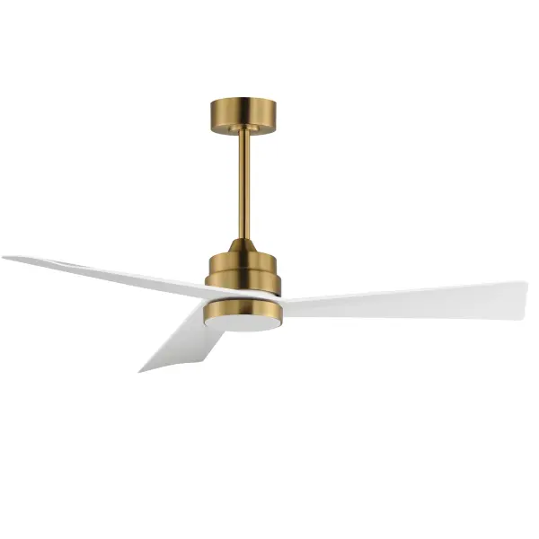 Sharp angular blades come together at the center housing of this fan for a modern, yet transitional look. Available in finishes that match most interior spaces, select from Matte Black, Satin Nickel with Greywood, Natural Aged Brass with White Blades and Charcoal with Driftwood Blades. With a DC motor and magnetic wall mounted remote that is included, this fan is sure to be a stylish addition to your space. Collection: Vortex Finish: Natural Aged Brass Glass: White Width: 52.00" Height: 13.75" Length: 52.00" Weight: 10.90 lb Wire: 92" Canopy: 6"x6"x2.5" Bulbs Included Number of Bulbs: 1 Maximum Wattage: 18.00 W Bulb Type: LED Bulb Base: PCB Integrated Light Source: LED Light Output: 975.00 lm Color Temperature: 2700 K CRI: 90 Rated Average Life: 50000 Voltage: 120.00 V RPM: 173 Airflow: 4541 CFM Electricity Use: 15 W Airflow Efficiency: 219 CFM/W Blade Span: 52" Blade Quantity: 3 Speeds: 6 Control: Wall Control Included Material: Steel Safety Listing: cETLus Safety Rating: Dry Energy Star LED Manufacturer Warranty: Limited Lifetime Motor Warranty Spec Sheet Instructions