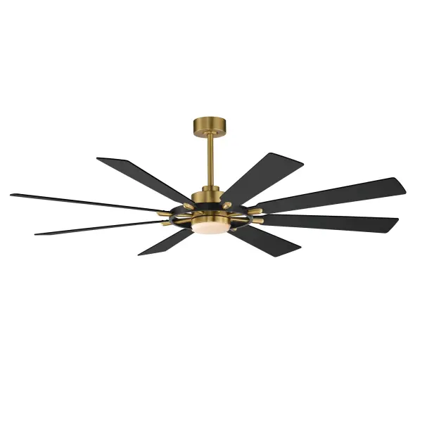 Inspired by the steering wheel of a nautical ship, the Helm fan boasts an impressive 72" blade span and stylish two-tone finishes. Its plywood blades offer dual-sided contrasting finishes, allowing for customizable design. Choose from a Black frame with Natural Aged Brass accents paired with Black and White blades, or a Satin Nickel frame with White and Blackened Walnut blades. The energy-efficient DC motor is operated by a convenient remote control, which magnetically attaches to a standard wall plate. The integrated LED light kit features tunable color temperature, adjustable from warm 2700K to bright 5000K, offering versatile lighting options for any space.