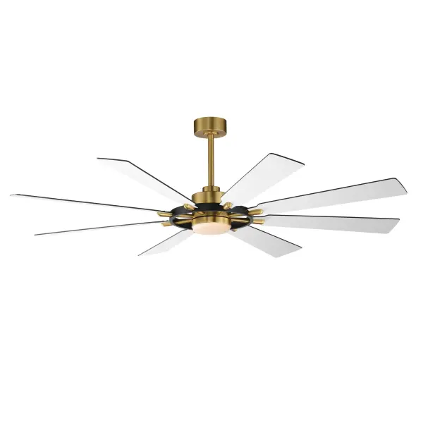 Inspired by the steering wheel of a nautical ship, the Helm fan boasts an impressive 72" blade span and stylish two-tone finishes. Its plywood blades offer dual-sided contrasting finishes, allowing for customizable design. Choose from a Black frame with Natural Aged Brass accents paired with Black and White blades, or a Satin Nickel frame with White and Blackened Walnut blades. The energy-efficient DC motor is operated by a convenient remote control, which magnetically attaches to a standard wall plate. The integrated LED light kit features tunable color temperature, adjustable from warm 2700K to bright 5000K, offering versatile lighting options for any space. - alternate view