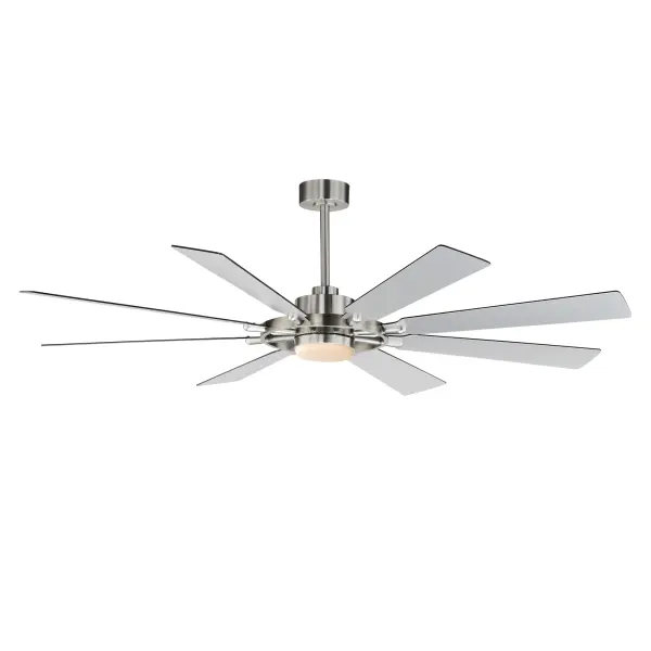 Inspired by the steering wheel of a nautical ship, the Helm fan boasts an impressive 72" blade span and stylish two-tone finishes. Its plywood blades offer dual-sided contrasting finishes, allowing for customizable design. Choose from a Black frame with Natural Aged Brass accents paired with Black and White blades, or a Satin Nickel frame with White and Blackened Walnut blades. The energy-efficient DC motor is operated by a convenient remote control, which magnetically attaches to a standard wall plate. The integrated LED light kit features tunable color temperature, adjustable from warm 2700K to bright 5000K, offering versatile lighting options for any space. Collection: Helm Finish: Satin Nickel Glass: White Width: 72.00" Height: 20.75" Length: 72.00" Weight: 22.93 lb Wire: 90" Canopy: 5.9"x5.9"x2.36" Bulbs Included Number of Bulbs: 1 Maximum Wattage: 24.00 W Bulb Base: PCB Integrated Light Source: LED Light Output: 1180.00 lm Color Temperature: 2700 K CRI: 90 Dimmable Rated Average Life: 50000 Voltage: 120.00 V RPM: 106 Airflow: 8344 CFM Electricity Use: 39 W Airflow Efficiency: 258 CFM/W Blade Pitch: 13° Blade Span: 72" Blade Quantity: 8 Speeds: 6 Control: Remote Included, Wall Control Included Material: Steel Safety Listing: cETLus Safety Rating: Dry Energy Star LED Manufacturer Warranty: Limited Lifetime Motor Warranty Spec Sheet Instructions