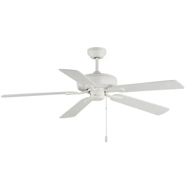 A long awaited update to the conventional indoor fan collection. Updated blades, brackets, and motor housing for more transitional spaces. A streamlined LED fan light kit pairs perfectly with the updated design. Available in Matte Black with Black/Walnut fan blades, Satin Nickel with Silver/Distressed-Wood Fan Blades, or White with White/White-Oak fan blades. Collection: Super-Max Finish: Matte White Width: 52.00" Height: 14.50" Length: 52.00" Weight: 5.80 lb Extension from Wall: 52.00" Chain: 6" Wire: 78" Canopy: 5"x5"x2.5" RPM: 185 Airflow: 4393 CFM Electricity Use: 37 W Airflow Efficiency: 89 CFM/W Blade Pitch: 12° Blade Span: 52" Blade Quantity: 5 Speeds: 3 Control: Pull Chain Material: Steel Safety Listing: cETLus Safety Rating: Dry Manufacturer Warranty: Limited Lifetime Motor Warranty Spec Sheet Instructions - alternate view
