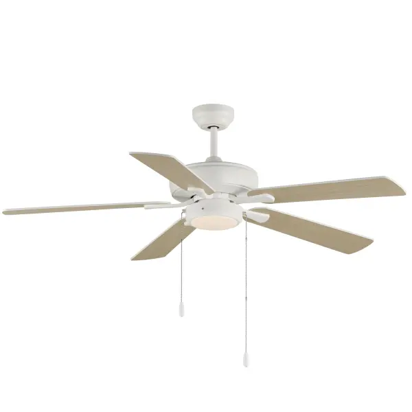 A long awaited update to the conventional indoor fan collection. Updated blades, brackets, and motor housing for more transitional spaces. A streamlined LED fan light kit pairs perfectly with the updated design. Available in Matte Black with Black/Walnut fan blades, Satin Nickel with Silver/Distressed-Wood Fan Blades, or White with White/White-Oak fan blades. Collection: Super-Max Finish: Matte White Width: 52.00" Height: 16.00" Length: 52.00" Weight: 6.00 lb Extension from Wall: 52.00" Chain: 6" Wire: 78" Canopy: 5"x5"x2.5" Bulbs Included Number of Bulbs: 1 Maximum Wattage: 16.00 W Bulb Type: LED Bulb Base: PCB Integrated Light Source: LED Light Output: 1000.00 lm Color Temperature: 3000 K CRI: 90 Rated Average Life: 30000 Voltage: 120.00 V RPM: 185 Airflow: 4393 CFM Electricity Use: 37 W Airflow Efficiency: 89 CFM/W Blade Pitch: 12° Blade Span: 52" Blade Quantity: 5 Speeds: 3 Control: Pull Chain Material: Steel Safety Listing: cETLus Safety Rating: Dry LED Manufacturer Warranty: Limited Lifetime Motor Warranty Spec Sheet Instructions