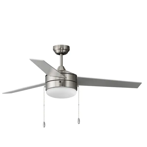 A contemporary, yet transitional look at economical pricing, the Trio fan is finished in Satin Nickel with 3 straight fan blades in Black on one side and silver on the other side. The fan is powered by an included wall control or pull chain as well as LED JA8 compliant bulbs also included. Collection: Trio Finish: Satin Nickel / Black Glass: Frosted Width: 52.00" Height: 19.00" Length: 52.00" Weight: 14.55 lb Extension from Wall: 52.00" Chain: 16" Wire: 78" Canopy: 5"x5"x2.5" Bulbs Included Number of Bulbs: 2 Maximum Wattage: 7.00 W Bulb Type: E26 Bulb Base: E26 Light Source: LED Light Output: 1260.00 lm Color Temperature: 3000 K CRI: 90 Dimmable Rated Average Life: 25000 Voltage: 120.00 V RPM: 195 Airflow: 4565 CFM Electricity Use: 37 W Airflow Efficiency: 94 CFM/W Blade Pitch: 12° Blade Span: 52" Blade Quantity: 3 Speeds: 3 Control: Pull Chain Material: Steel Safety Listing: cETLus Safety Rating: Dry LED Manufacturer Warranty: 3 Spec Sheet Instructions