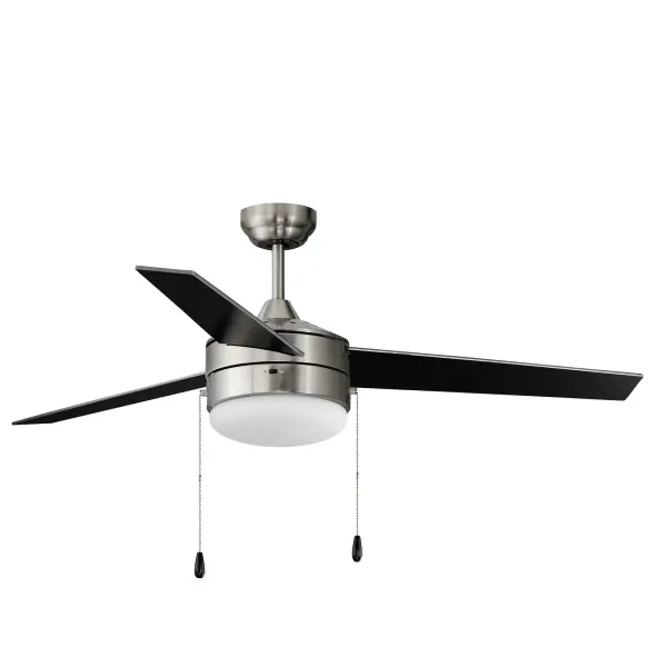 A contemporary, yet transitional look at economical pricing, the Trio fan is finished in Satin Nickel with 3 straight fan blades in Black on one side and silver on the other side. The fan is powered by an included wall control or pull chain as well as LED JA8 compliant bulbs also included. Collection: Trio Finish: Satin Nickel / Black Glass: Frosted Width: 52.00" Height: 19.00" Length: 52.00" Weight: 14.55 lb Extension from Wall: 52.00" Chain: 16" Wire: 78" Canopy: 5"x5"x2.5" Bulbs Included Number of Bulbs: 2 Maximum Wattage: 7.00 W Bulb Type: E26 Bulb Base: E26 Light Source: LED Light Output: 1260.00 lm Color Temperature: 3000 K CRI: 90 Dimmable Rated Average Life: 25000 Voltage: 120.00 V RPM: 195 Airflow: 4565 CFM Electricity Use: 37 W Airflow Efficiency: 94 CFM/W Blade Pitch: 12° Blade Span: 52" Blade Quantity: 3 Speeds: 3 Control: Pull Chain Material: Steel Safety Listing: cETLus Safety Rating: Dry LED Manufacturer Warranty: 3 Spec Sheet Instructions - alternate view