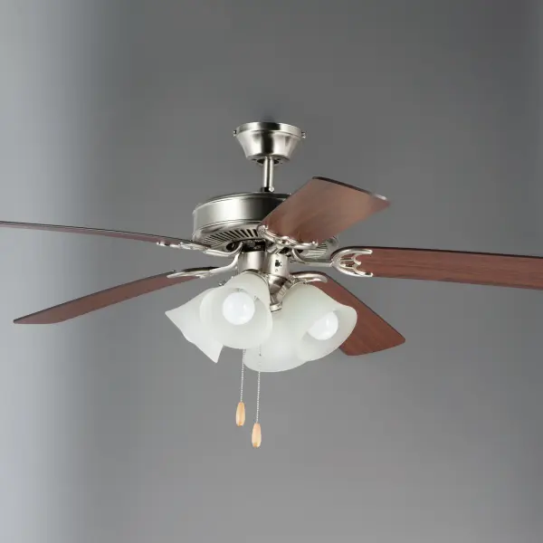 The Basic-Max ceiling fan features the ability to be installed three different ways: close mount, standard stem, and optional stems up to 72" long. Collection: Basic-Max Finish: Satin Nickel / Walnut / Pecan Glass: Frosted Width: 52.00" Height: 18.25" Length: 52.00" Weight: 16.34 lb Chain: 16.5" Wire: 74" Canopy: 5"x5"x2.25" Bulbs Included Number of Bulbs: 4 Maximum Wattage: 9.00 W Bulb Type: A19 Bulb Base: E26 Medium Light Source: LED Voltage: 120.00 V RPM: 62 Airflow: 4292 CFM Electricity Use: 38 W Airflow Efficiency: 77 CFM/W Blade Pitch: 12° Blade Span: 52" Blade Quantity: 5 Speeds: 3 Control: Pull Chain Material: Steel, Aluminum, Glass, MBF Safety Listing: cETLus Safety Rating: Dry LED Manufacturer Warranty: Limited Lifetime Motor Warranty Spec Sheet Instructions Parts Diagram - alternate view