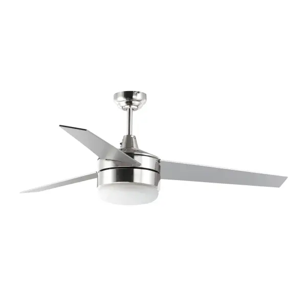 A contemporary, yet transitional look at economical pricing, the Trio fan is finished in Satin Nickel with 3 straight fan blades in Black on one side and silver on the other side. The fan is powered by an included wall control or pull chain as well as LED JA8 compliant bulbs also included. Collection: Trio Finish: Satin Nickel / Black Glass: Frosted Width: 52.00" Height: 15.50" Length: 52.00" Weight: 12.20 lb Wire: 78" Canopy: 5.12"x5.12"x2.5" Bulbs Included Number of Bulbs: 2 Maximum Wattage: 7.00 W Bulb Type: A19 Bulb Base: E26 Medium Light Source: LED Color Temperature: 3000 K Voltage: 120.00 V RPM: 190 Airflow: 4285 CFM Electricity Use: 37 W Airflow Efficiency: 89 CFM/W Blade Pitch: 12° Blade Span: 52" Blade Quantity: 3 Speeds: 3 Control: Wall Control Included Material: Steel Safety Listing: cETLus Safety Rating: Dry Energy Star Energy Efficient LED Manufacturer Warranty: Limited Lifetime Motor Warranty Spec Sheet Instructions Parts Diagram