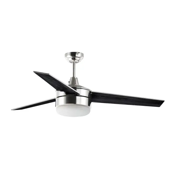 A contemporary, yet transitional look at economical pricing, the Trio fan is finished in Satin Nickel with 3 straight fan blades in Black on one side and silver on the other side. The fan is powered by an included wall control or pull chain as well as LED JA8 compliant bulbs also included. Collection: Trio Finish: Satin Nickel / Black Glass: Frosted Width: 52.00" Height: 15.50" Length: 52.00" Weight: 12.20 lb Wire: 78" Canopy: 5.12"x5.12"x2.5" Bulbs Included Number of Bulbs: 2 Maximum Wattage: 7.00 W Bulb Type: A19 Bulb Base: E26 Medium Light Source: LED Color Temperature: 3000 K Voltage: 120.00 V RPM: 190 Airflow: 4285 CFM Electricity Use: 37 W Airflow Efficiency: 89 CFM/W Blade Pitch: 12° Blade Span: 52" Blade Quantity: 3 Speeds: 3 Control: Wall Control Included Material: Steel Safety Listing: cETLus Safety Rating: Dry Energy Star Energy Efficient LED Manufacturer Warranty: Limited Lifetime Motor Warranty Spec Sheet Instructions Parts Diagram - alternate view