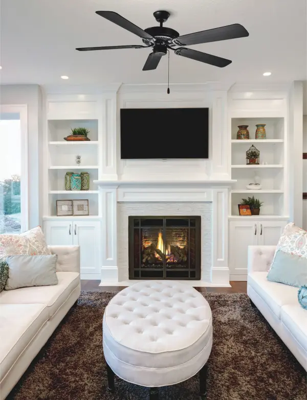 The Basic-Max ceiling fan features the ability to be installed three different ways: close mount, standard stem, and optional stems up to 72" long. - alternate view