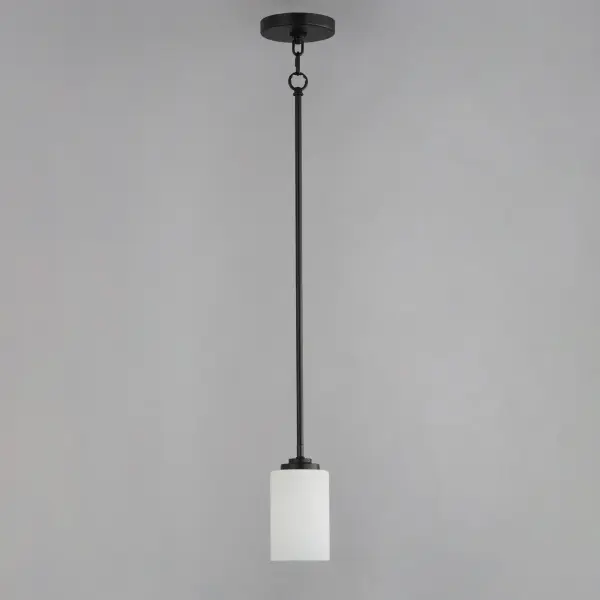 Low sloping arms of rectilinear tubing is finished in a variety of options that include Satin Nickel, Oil Rubbed Bronze, Matte Black, and a contemporary Satin Brass finish. Tall, cylindrical Satin White glass shades soften the light source within. Offered in a variety of configurations that include chandeliers, sconces, and a semi-flush pendant that may be used as a foyer pendant, has become a proven popular choice among builders. - alternate view