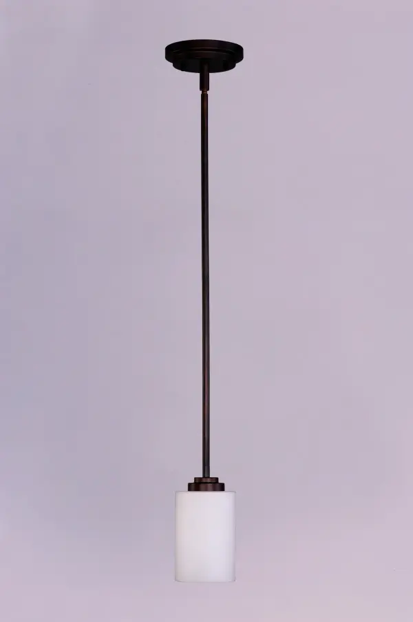 Low sloping arms of rectilinear tubing is finished in a variety of options that include Satin Nickel, Oil Rubbed Bronze, Matte Black, and a contemporary Satin Brass finish. Tall, cylindrical Satin White glass shades soften the light source within. Offered in a variety of configurations that include chandeliers, sconces, and a semi-flush pendant that may be used as a foyer pendant, has become a proven popular choice among builders. Collection: Deven Finish: Oil Rubbed Bronze Glass: Satin White Width: 4.00" Height: 7.50" Length: 4.00" Weight: 1.76 lb Wire: 36" Canopy: 5"x5"x1" Number of Bulbs: 1 Maximum Wattage: 60.00 W Bulb Type: A19 Bulb Base: E26 Medium Light Source: Incandescent Dimmable Voltage: 120.00 V Material: Steel, Glass Safety Listing: cETLus Safety Rating: Dry Manufacturer Warranty: 1 Spec Sheet Instructions Parts Diagram - alternate view