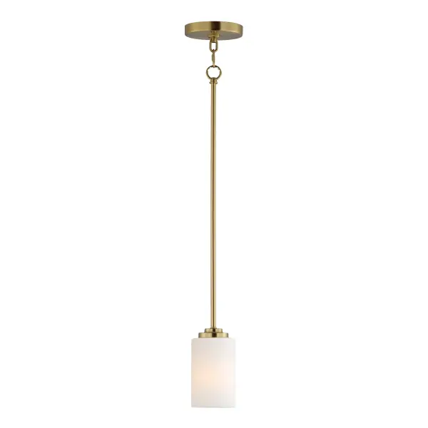 Low sloping arms of rectilinear tubing is finished in a variety of options that include Satin Nickel, Oil Rubbed Bronze, Matte Black, and a contemporary Satin Brass finish. Tall, cylindrical Satin White glass shades soften the light source within. Offered in a variety of configurations that include chandeliers, sconces, and a semi-flush pendant that may be used as a foyer pendant, has become a proven popular choice among builders. Collection: Deven Finish: Satin Brass Glass: Satin White Width: 4.00" Height: 7.50" Length: 4.00" Weight: 1.76 lb Wire: 120" Canopy: 5"x5"x0.78" Number of Bulbs: 1 Maximum Wattage: 60.00 W Bulb Type: A19 Bulb Base: E26 Medium Light Source: Incandescent Dimmable Voltage: 120.00 V Material: Steel, Glass Safety Listing: cETLus Safety Rating: Dry Spec Sheet Instructions