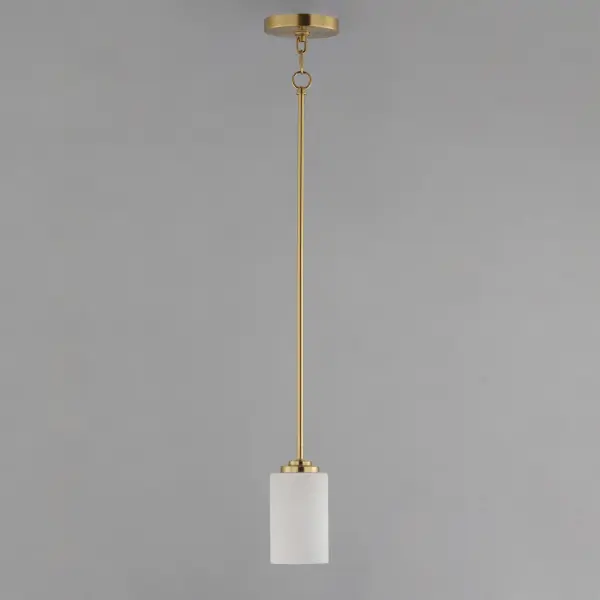 Low sloping arms of rectilinear tubing is finished in a variety of options that include Satin Nickel, Oil Rubbed Bronze, Matte Black, and a contemporary Satin Brass finish. Tall, cylindrical Satin White glass shades soften the light source within. Offered in a variety of configurations that include chandeliers, sconces, and a semi-flush pendant that may be used as a foyer pendant, has become a proven popular choice among builders. Collection: Deven Finish: Satin Brass Glass: Satin White Width: 4.00" Height: 7.50" Length: 4.00" Weight: 1.76 lb Wire: 120" Canopy: 5"x5"x0.78" Number of Bulbs: 1 Maximum Wattage: 60.00 W Bulb Type: A19 Bulb Base: E26 Medium Light Source: Incandescent Dimmable Voltage: 120.00 V Material: Steel, Glass Safety Listing: cETLus Safety Rating: Dry Spec Sheet Instructions - alternate view
