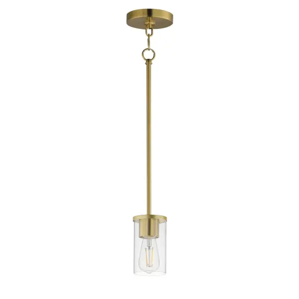 A clean design for the most common applications, the Lateral collection offers chandeliers in both traditional configurations and within a rectangular frame for above dining spaces. Finished in complementary colors including Satin Brass, Satin Nickel or Matte Black, this collection is economically priced with excellent construction. Great for remodeling, this collection's bath vanities feature an extended backplate for cleaner installations. Satin White cylindrical glass sits on a clean rectangular bar. This collection is sure to provide the transitional look to update your next project. Collection: Lateral Finish: Satin Brass Glass: Clear Width: 4.75" Height: 7.00" Length: 4.75" Weight: 1.76 lb Wire: 120" Canopy: 4.75"x4.75"x0.75" Number of Bulbs: 1 Maximum Wattage: 60.00 W Bulb Base: E26 Medium Light Source: Incandescent Voltage: 120.00 V Material: Steel, Glass Safety Listing: cETLus Manufacturer Warranty: 3 Spec Sheet