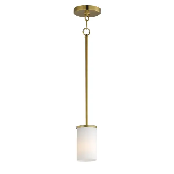 A clean design for the most common applications, the Lateral collection offers chandeliers in both traditional configurations and within a rectangular frame for above dining spaces. Finished in complementary colors including Satin Brass, Satin Nickel or Matte Black, this collection is economically priced with excellent construction. Great for remodeling, this collection's bath vanities feature an extended backplate for cleaner installations. Satin White cylindrical glass sits on a clean rectangular bar. This collection is sure to provide the transitional look to update your next project. Collection: Lateral Finish: Satin Brass Glass: Satin White Width: 4.75" Height: 7.00" Length: 4.75" Weight: 1.76 lb Wire: 120" Canopy: 4.75"x4.75"x0.75" Number of Bulbs: 1 Maximum Wattage: 60.00 W Bulb Base: E26 Medium Light Source: Incandescent Voltage: 120.00 V Material: Steel, Glass Safety Listing: cETLus Manufacturer Warranty: 3 Spec Sheet