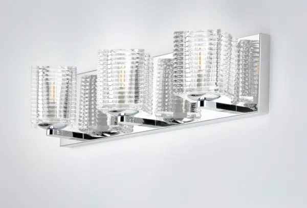 Square Clear Ribbed glass are supported by metal frames of Polished Chrome and powered by easily replaceable LED lamps. The square glass can be positioned either square with the back plate or with the corner facing out to give a variation of looks. - alternate view