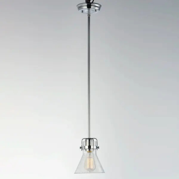 This nautical-inspired collection features Clear Seedy glass cones suspended by a yoke frame. The clear glass offers abundant lighting and compliments the styling of the fixture. Make it a more industrial look by adding filament E26 light bulbs. Collection: Seafarer Finish: Polished Chrome Glass: Seedy Width: 6.00" Height: 6.75" Length: 6.00" Weight: 2.86 lb Wire: 120" Canopy: 5"x5"x0.75" Number of Bulbs: 1 Maximum Wattage: 60.00 W Bulb Type: A19 Bulb Base: E26 Medium Light Source: Incandescent Dimmable Voltage: 120.00 V Material: Steel, Glass Safety Listing: cETLus Safety Rating: Dry Manufacturer Warranty: 1 Spec Sheet Instructions Parts Diagram - alternate view