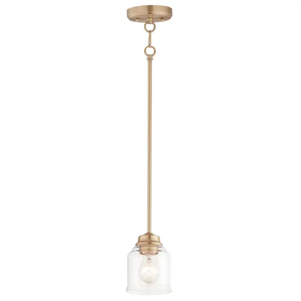A modest frame of steel tubing gently bends to support a cluster of Clear Seedy bell-shaped glass. Similarly the bobeches and other metal accents echo that traditional bell shape creating an instant classic. An easy choice with transitional appeal, choose from a variety of complimentary finishes including matte Black, Heritage Brass or Satin Nickel. Collection: Acadia Finish: Heritage Glass: Seedy Width: 4.75" Height: 7.25" Length: 4.75" Weight: 2.43 lb Wire: 120" Canopy: 5"x5"x1" Number of Bulbs: 1 Maximum Wattage: 60.00 W Bulb Type: E26 Bulb Base: E26 Medium Light Source: Incandescent Dimmable Voltage: 120.00 V Material: Steel + Glass Safety Listing: cETLus Safety Rating: Dry Manufacturer Warranty: 1 Spec Sheet Instructions