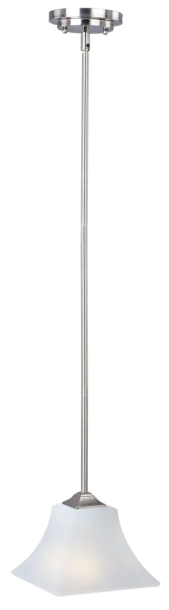 Straight lines and curves make this contemporary series a classic. Square metal tubing finished in your choice of Oil Rubbed Bronze or Satin Nickel support tapered square Frosted glass shades. Collection: Aurora Finish: Satin Nickel Glass: Frosted Width: 8.00" Height: 10.25" Length: 8.00" Weight: 4.30 lb Wire: 72" Canopy: 1``x5`` Number of Bulbs: 1 Maximum Wattage: 60.00 W Bulb Type: A19 Bulb Base: E26 Medium Light Source: Incandescent Light Output: 1150.00 lm Dimmable Rated Average Life: 2500 Voltage: 120.00 V Material: Steel, Glass Safety Listing: cULus Safety Rating: Dry Manufacturer Warranty: 1 Spec Sheet Instructions Parts Diagram