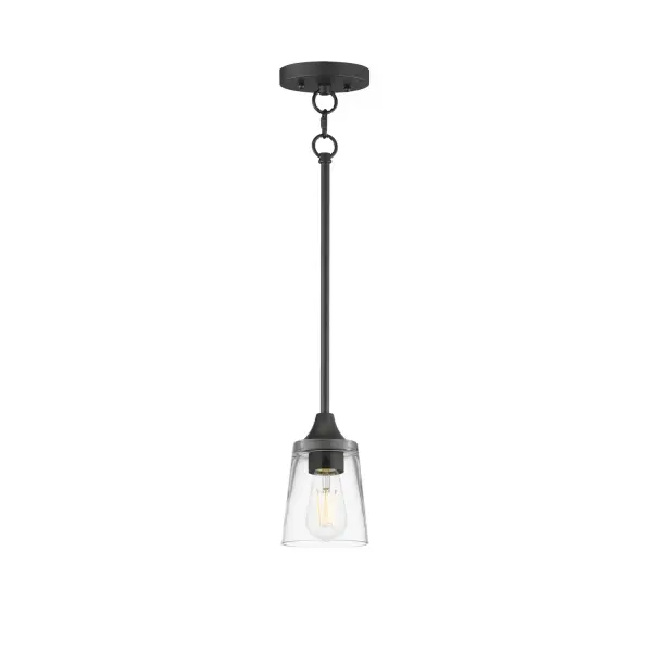 Collection: Hudson Finish: Black Glass: Clear Width: 4.75" Height: 8.00" Length: 4.75" Weight: 3.52 lb Wire: 120" Canopy: 4.75"x4.75"x0.75" Number of Bulbs: 1 Maximum Wattage: 60.00 W Bulb Base: E26 Medium Light Source: Incandescent Voltage: 120.00 V Material: Steel, Glass Safety Listing: cETLus Manufacturer Warranty: 3 Spec Sheet