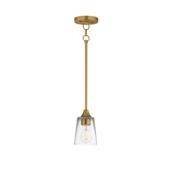 Collection: Hudson Finish: Natural Aged Brass Glass: Clear Width: 4.75" Height: 8.00" Length: 4.75" Weight: 3.52 lb Wire: 120" Canopy: 4.75"x4.75"x0.75" Number of Bulbs: 1 Maximum Wattage: 60.00 W Bulb Base: E26 Medium Light Source: Incandescent Voltage: 120.00 V Material: Steel, Glass Safety Listing: cETLus Manufacturer Warranty: 3 Spec Sheet