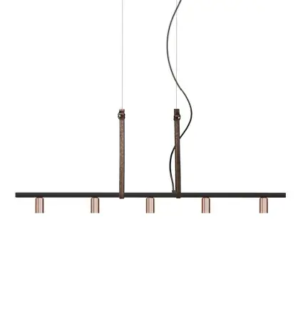 This custom 5-light linear pendant combines industrial aesthetics with refined details. The powdercoated black bar and copper socket covers create striking contrast, while leather strap cable covers add artisanal warmth.