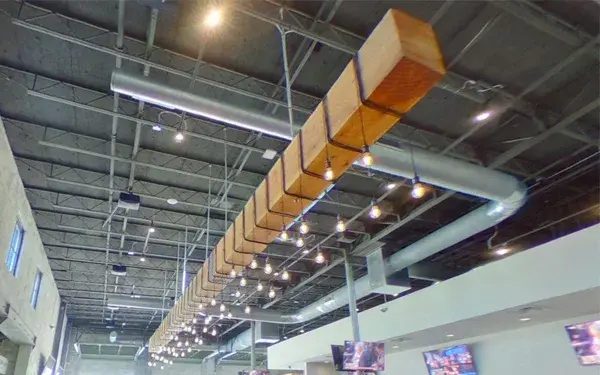 Custom Industrial Wood Beam Chandelier with Multi-Port Design