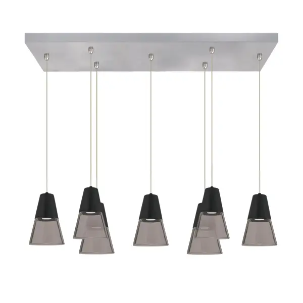 This canopy system accommodates seven 12V pendants with shades up to 14" diameter, offering flexible staggered height configurations. Pairs with separately ordered Timo 6 12V pendants for a cohesive look.