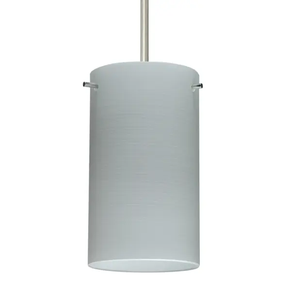 The Stilo 7 Chalk pendant showcases century-old glassblowing techniques with soft white opal glass featuring silvery rippled brushstrokes. The etched satin finish creates a spun silk appearance that transforms when illuminated.