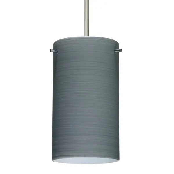 The Stilo 7 Titan features artisan-crafted glass with spiraling silver strokes that create a sophisticated textured surface. The off-white cased glass with satin-etched finish appears subtly elegant when unlit and dramatically textured when illuminated.